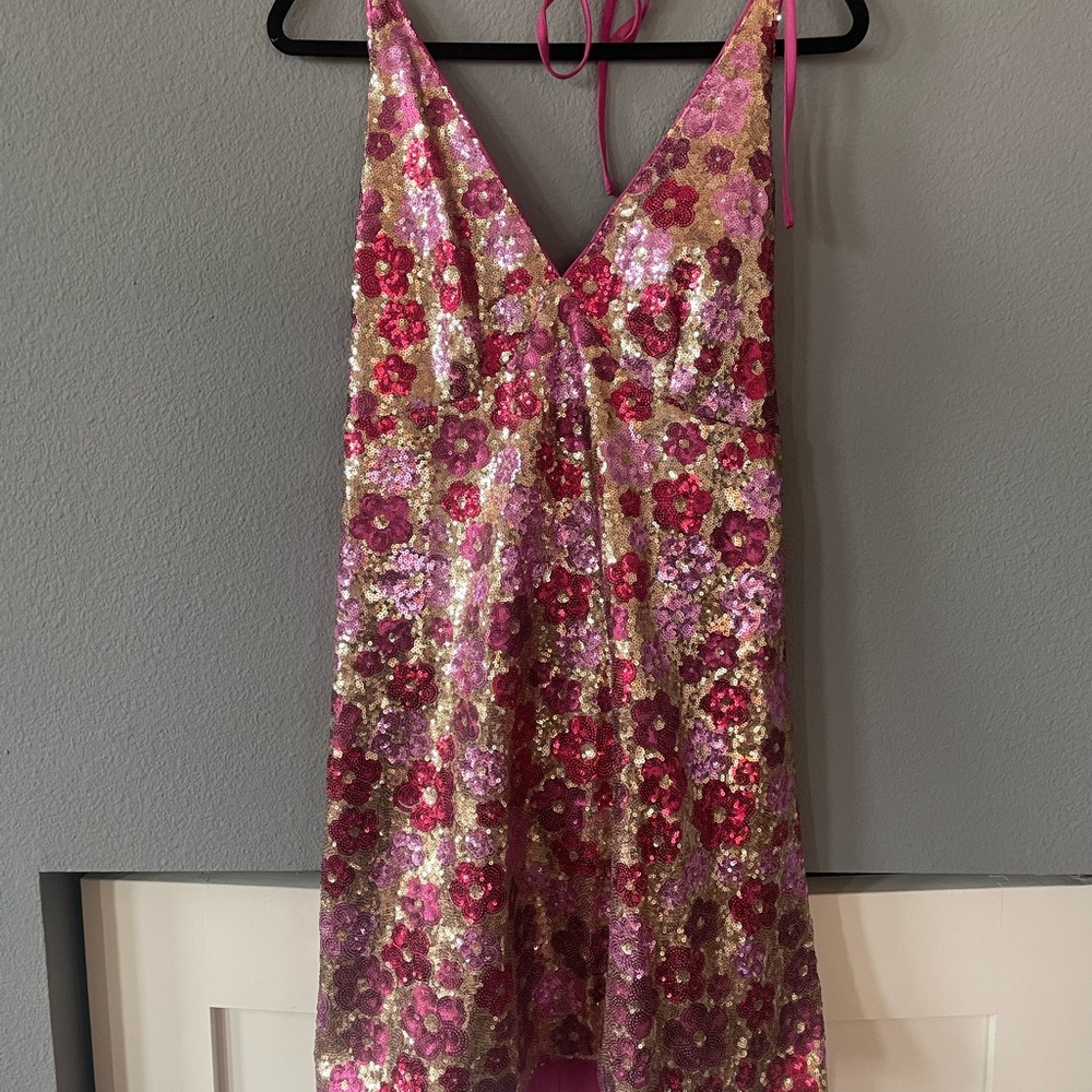 Silver + Pink & Purple Floral Sequin Halter Mini Dress